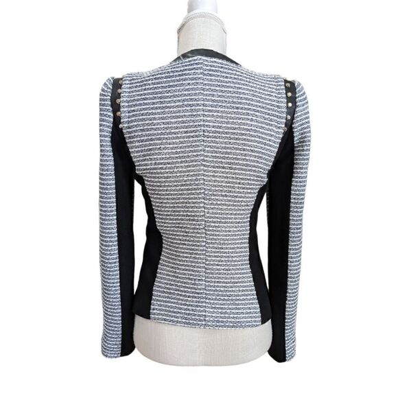 McGinn Blue & White Stripped Tweed Moto Jacket Studded Faux Leather Trim Sz S - Picture 5 of 15